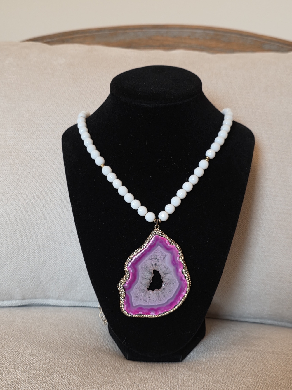 Pink Agate Slice Pendant Necklace White Beaded Statement
